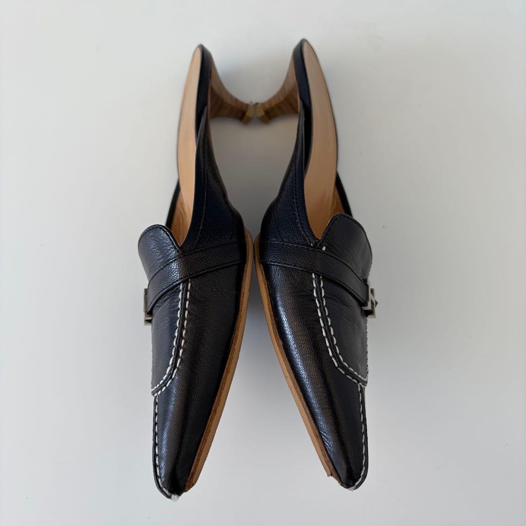 HERMES エルメス Hロゴ ミュール レザー ブラック