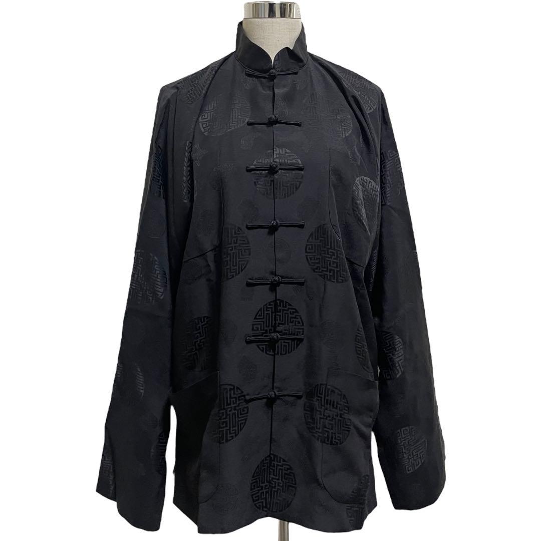 シャンハイタン 上海灘 チャイナ シャツ シルクシャツ M 黒 カンフー 太極拳