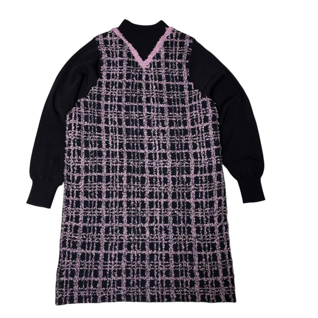 美品 グレースコンチネンタル　ツイード ニットワンピース　36（S相当　ピンク紫