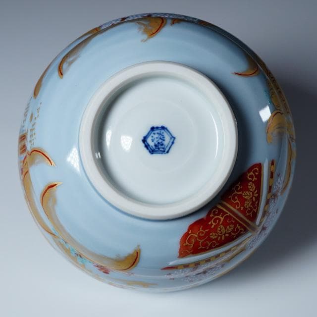 林淡幽　藍彩美也古八景茶碗　共箱　都八景　京都　茶道具　京焼　五山窯