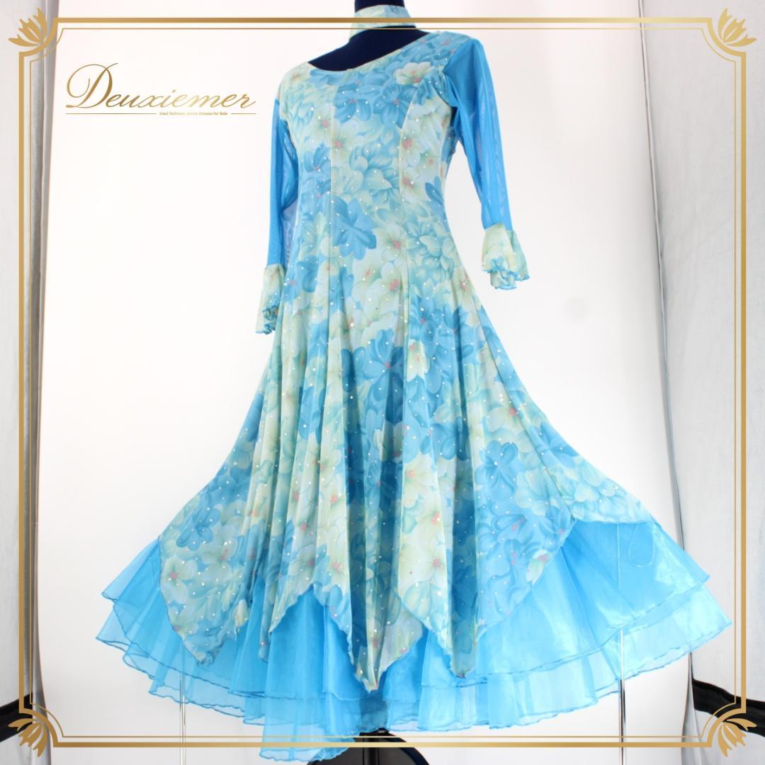 【美品 社交ダンス衣装】ワンピース ドレス 水色 ライトブルー チョーカー 長袖