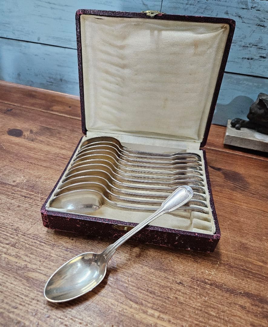 フランスアンティーク シルバープレートのスプーン 12本セット 古いケース付き