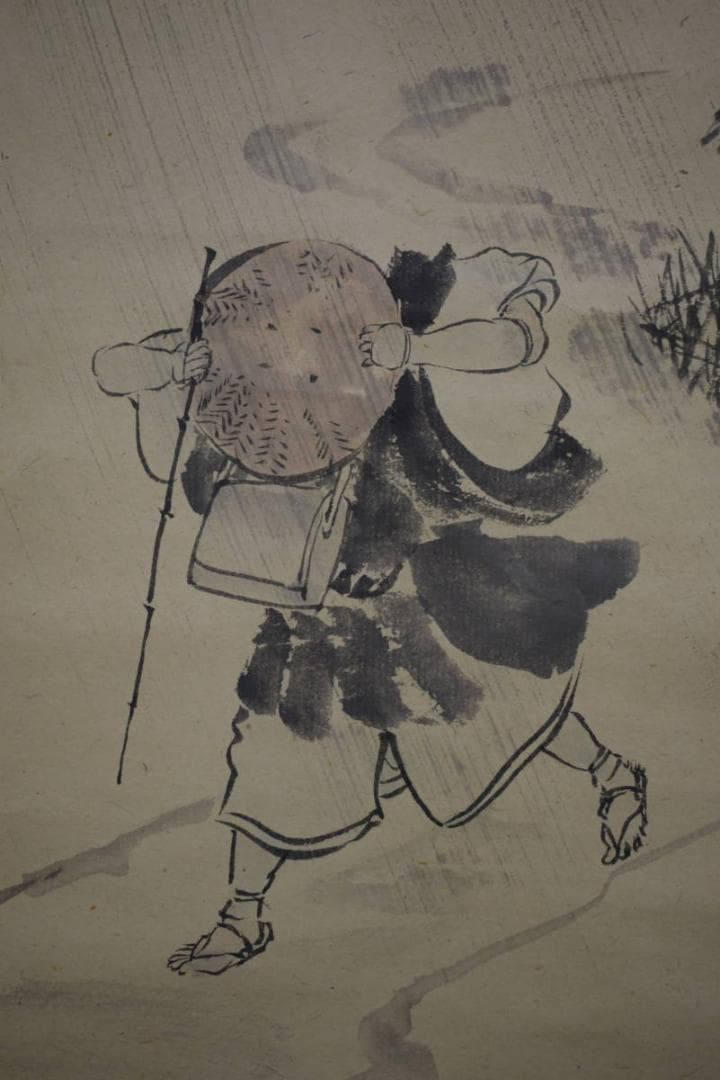 真作/小田松舟/雨天西行/人物図/布袋屋掛軸HJ-277