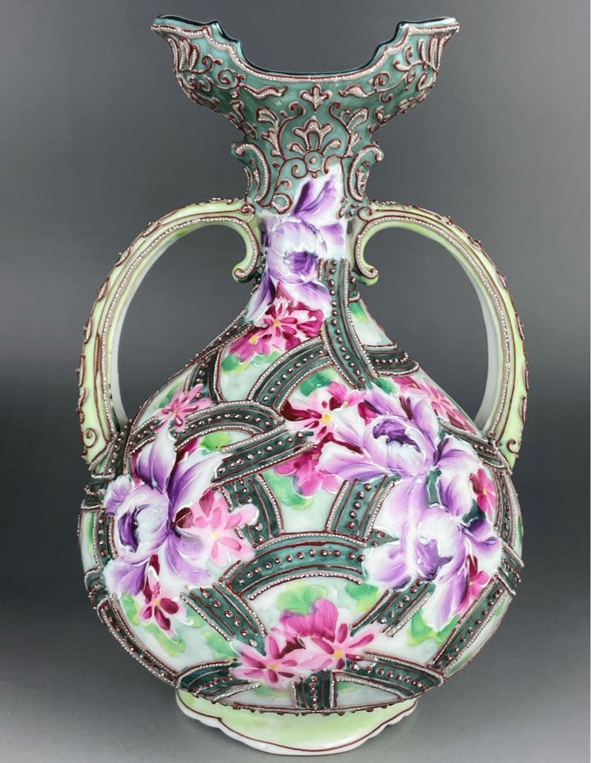 【美品】オールドニッポン ２２．２cm 花紋 一陳盛り花瓶 アールヌーボー様式