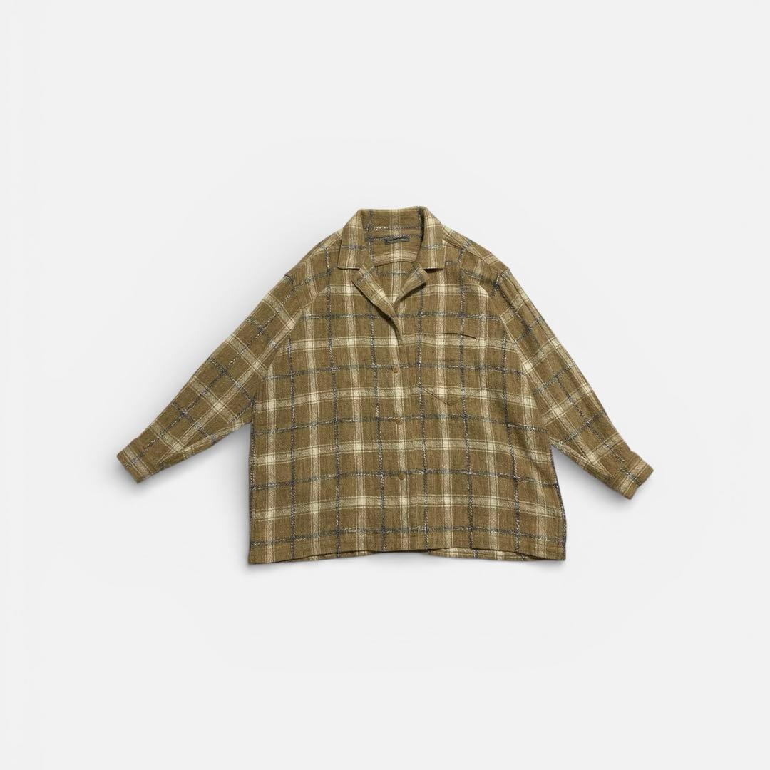 80s 筆タグ　イッセイミヤケ　長袖開襟シャツ　粗織りウールキャンバス　ベージュ