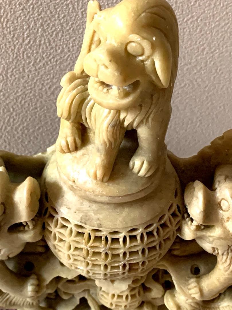 『中国』天然石 青田石 骨董彫刻アンティーク 獅子鈕蓋爐 超大香炉 置物(5)