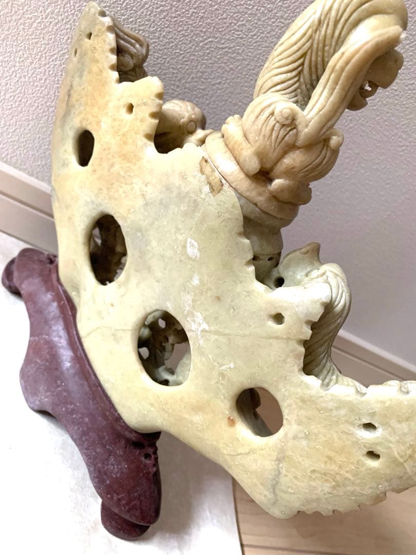 『中国』天然石 青田石 骨董彫刻アンティーク 獅子鈕蓋爐 超大香炉 置物(5)