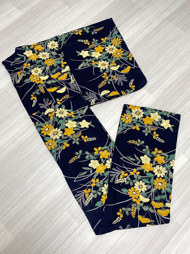 レディース浴衣　夢工房 II 浴衣・帯セット　黄色　花　濃紺　ネイビー　黄色