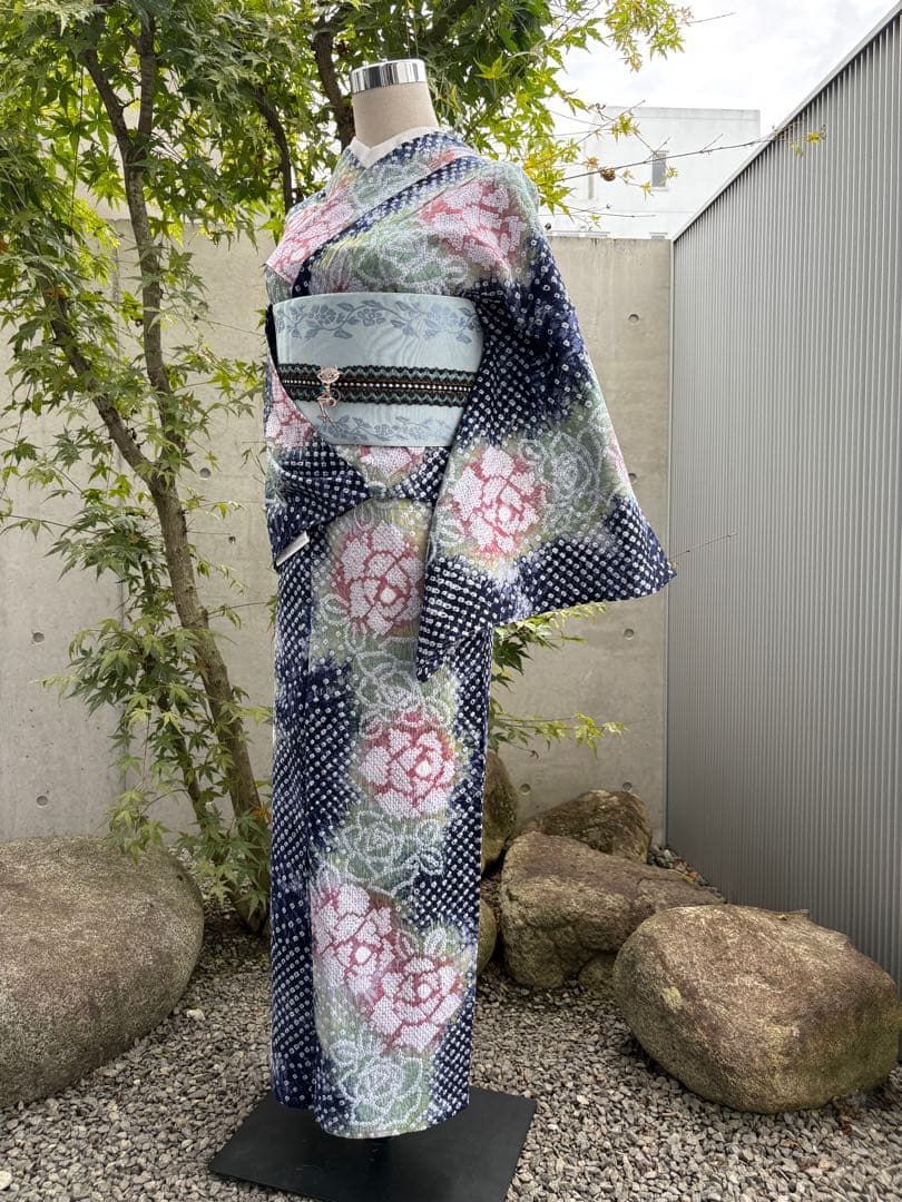 有松絞り浴衣 新品 仕立て上りhanashibori紺地