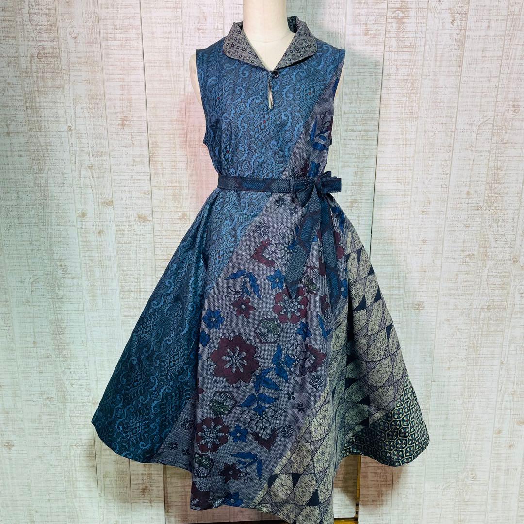 着物リメイク＊数種類の正絹大島紬で立ち襟＆テントラインワンピースＭ〜Ｌ