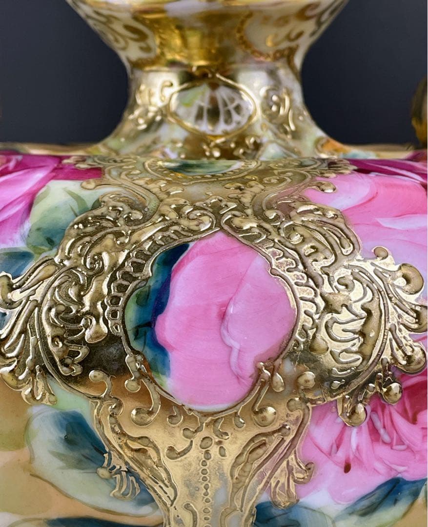 【大型】オールドニッポン 約２２cm アールヌーボー薔薇紋 花瓶 バラ