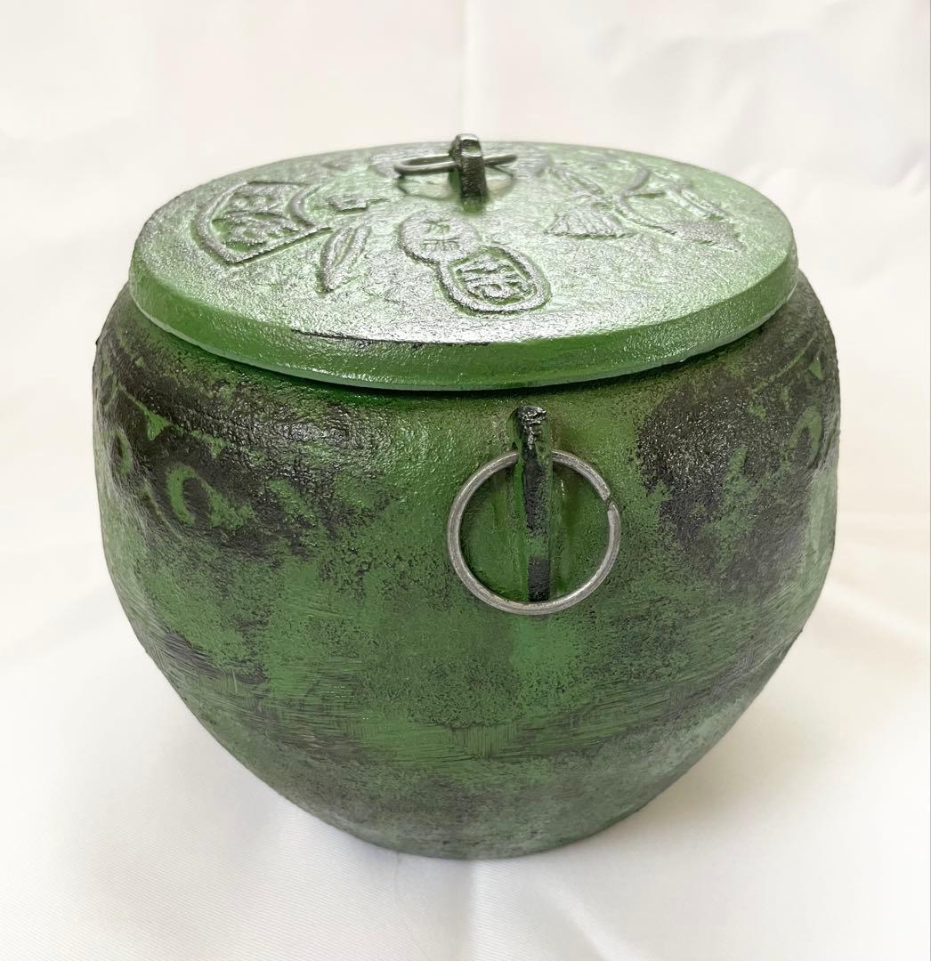 【未使用】東伸販売 緑色の鋳鉄製 宝火消 火消し壺 中 茶釜 茶道 骨董