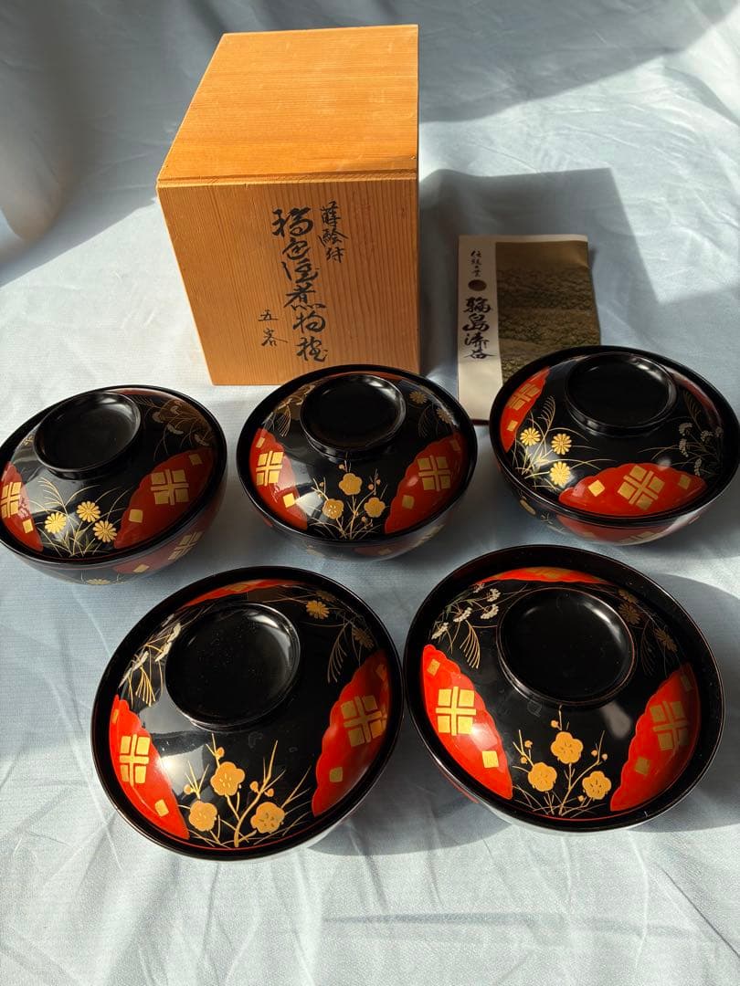 【本物保証】輪島塗 角知作 吸物椀 5客セット 共箱・パンフレット付 椿蒔絵