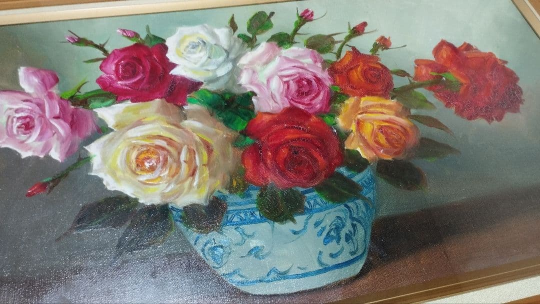 バラの花束 油絵 木製フレーム付き　高島屋