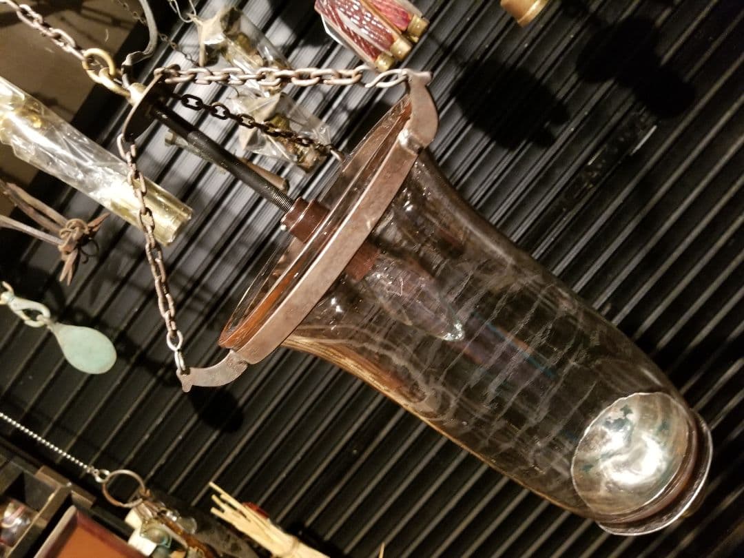 希少　ヴィンテージ　ロートアイアン　釣り鐘　気泡　手吹き　硝子　吊り下げ　ランプ