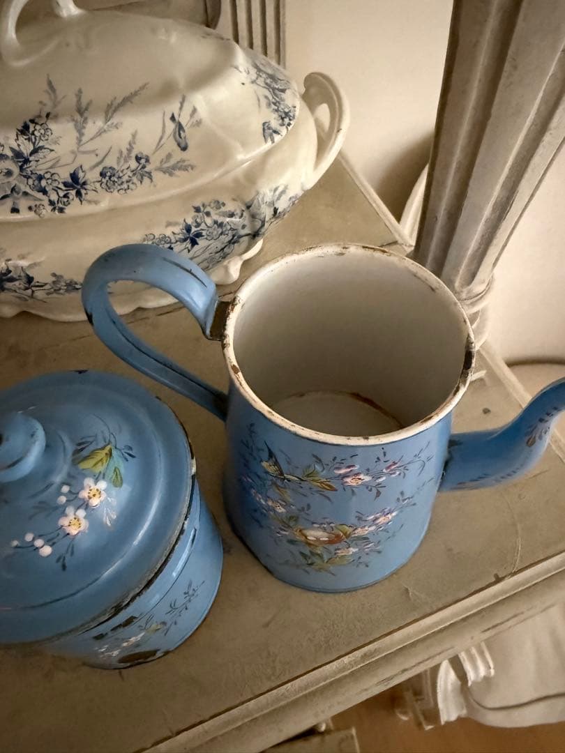 フランスアンティークレア!エトワール社小鳥と鳥の巣水色ホーローカフィティエール