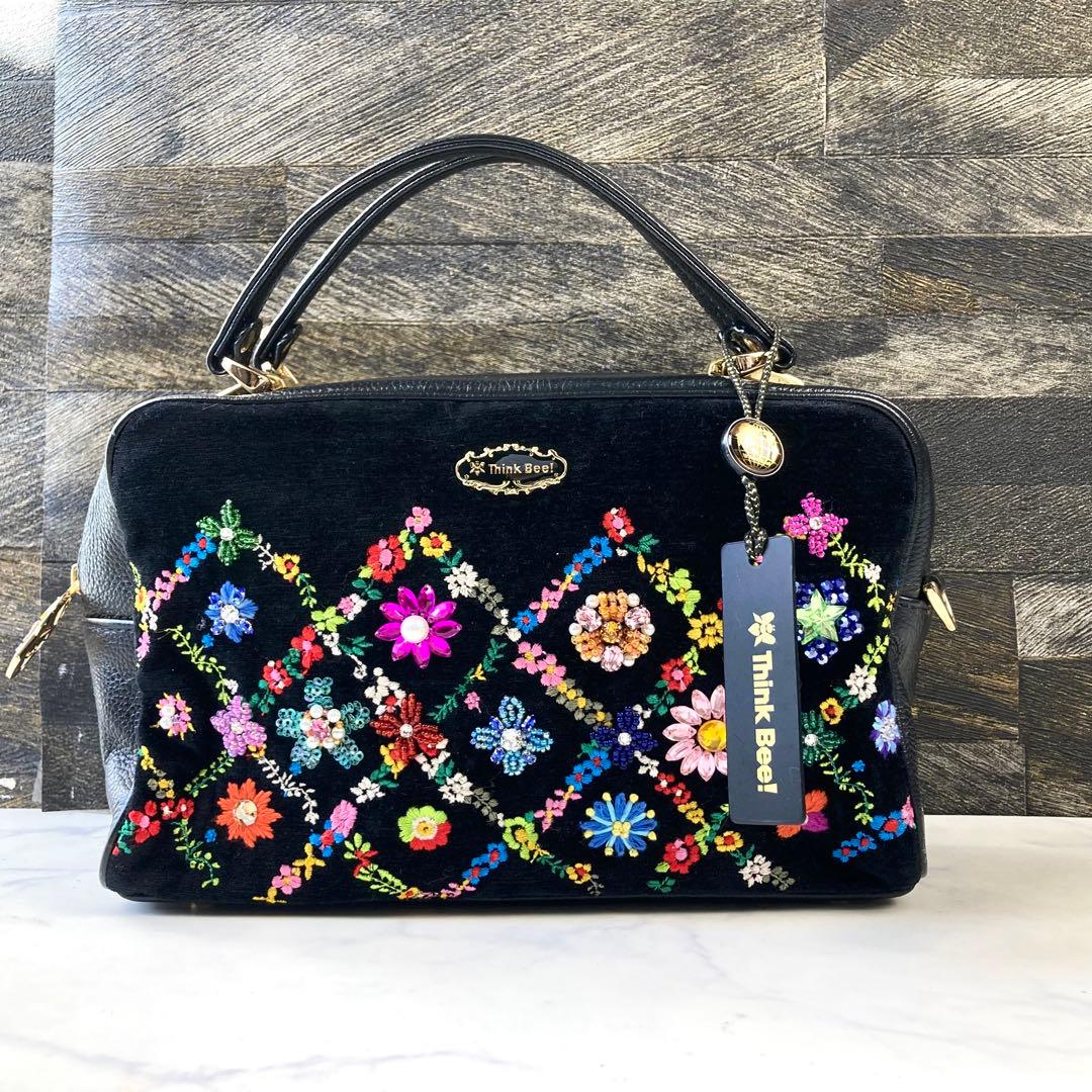 極美品 シンクビー ハンドバッグ ビーズ 花 ベロア 黒 レザー