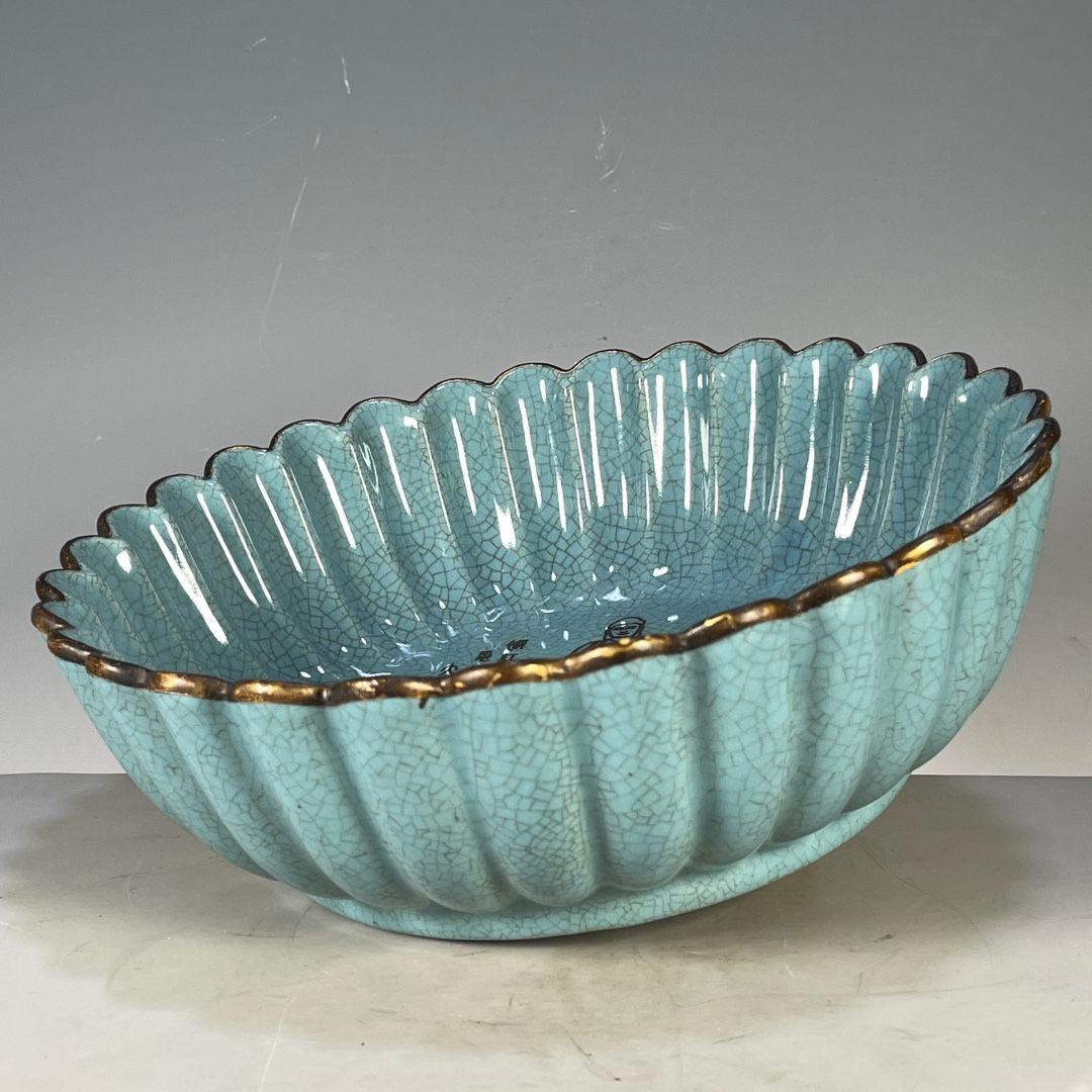 汝磁器蒔金刻字包金口花口洗 文房具景徳鎮 陶磁器 装飾品 現代工芸品美術品 置物