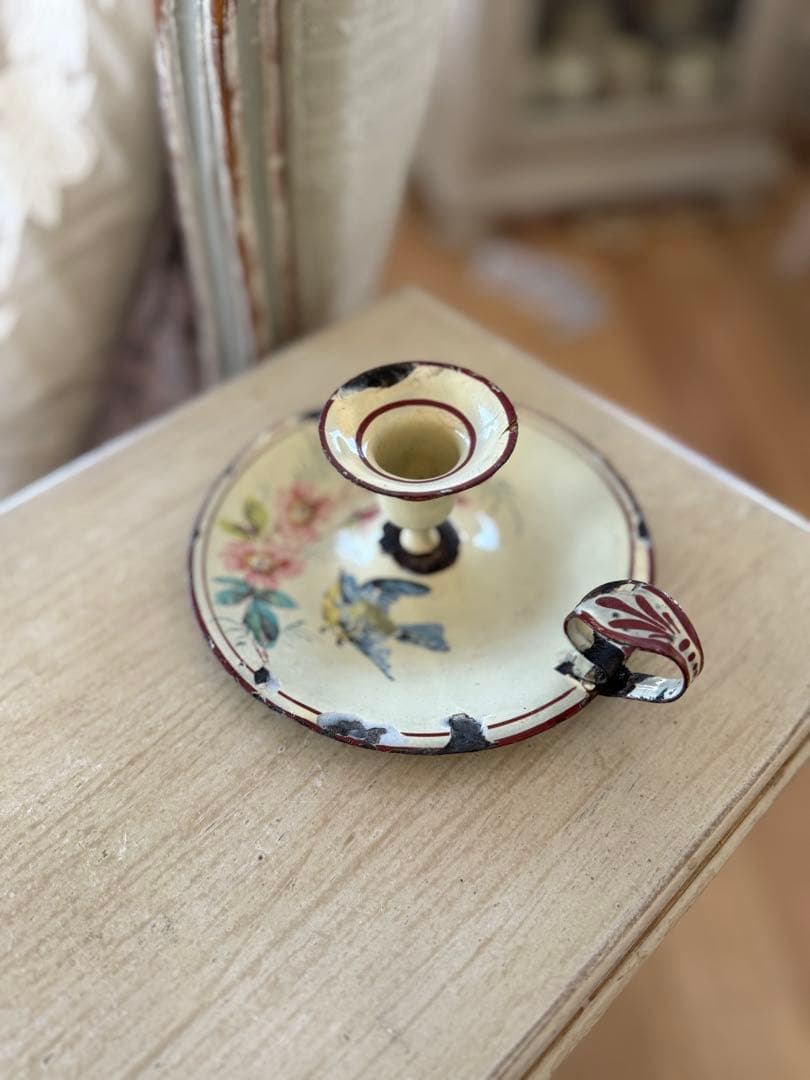 フランスアンティーク花と鳥のハンドペイントホーローキャンドルホルダー