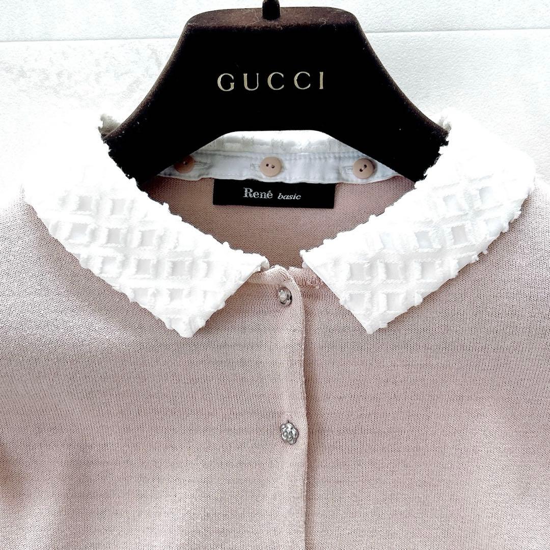 希少✨人気　ルネ　襟付きビジューカメリアボタンカーディガンバイカラーピンク洗える