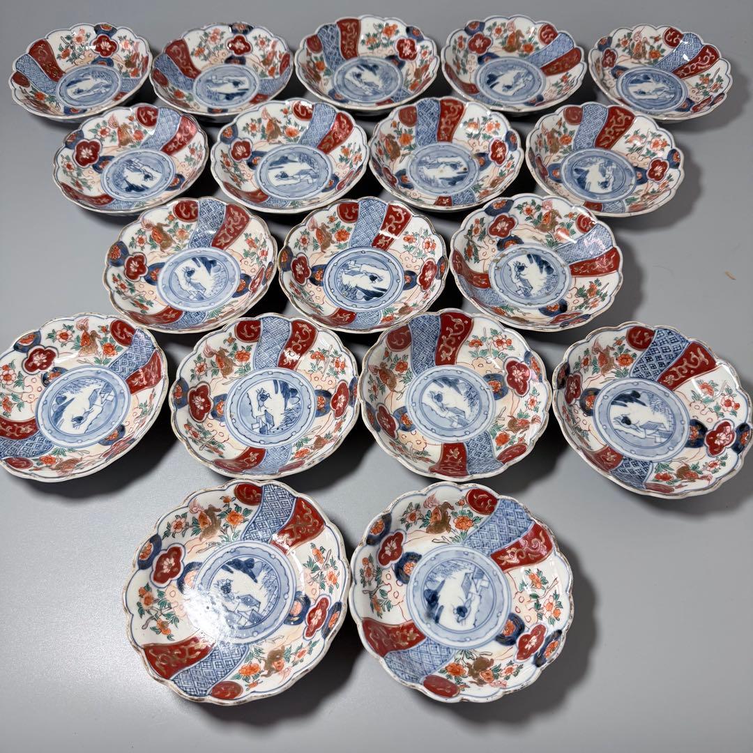 古伊万里　色絵祥瑞金獅子文様小皿　冨貴長春　裏唐草文　18客　共箱　古陶を楽しむ