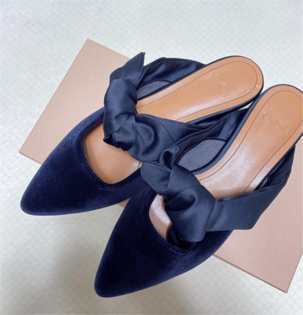 jicaco　Ohga ベロア　リボンミュール　ネイビー