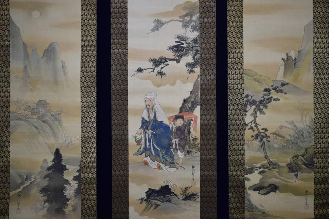 真作/狩野伊川院/人物山水図/三幅/金襴表装/布袋屋掛軸HG-24