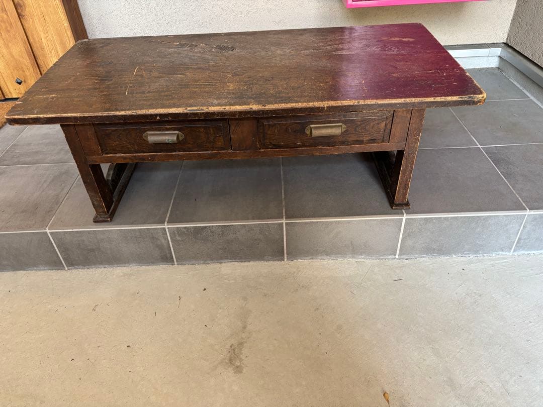 木製文机 ダークブラウン 2引き出し付き