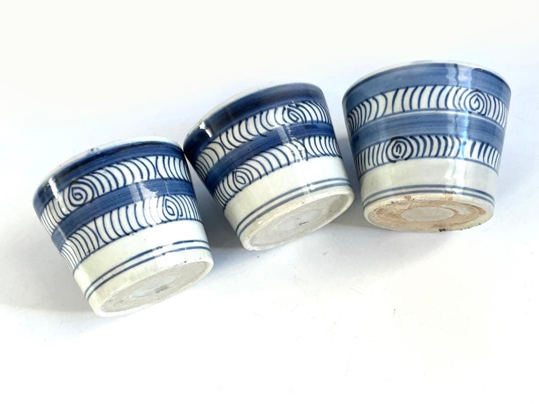 骨董　古伊万里　アンティーク　染付　観世水　馬の目　蕎麦猪口　3点　甘手