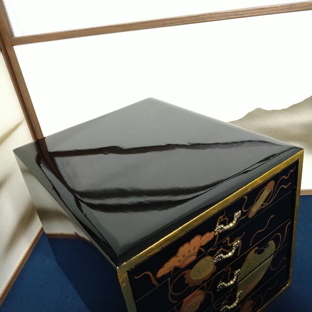 A846 輪島塗 蒔絵 五段引き出し 小箪笥 黒漆箱 仏具 経箱 五帖 経箱