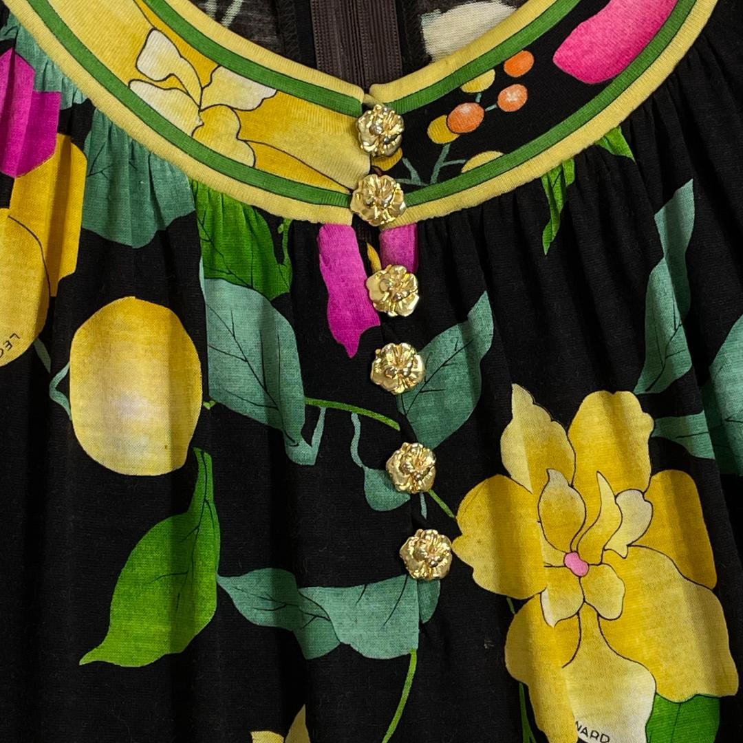 レオナール ロングワンピース 花柄 トリム ベルト付き 長袖ミディドレス L