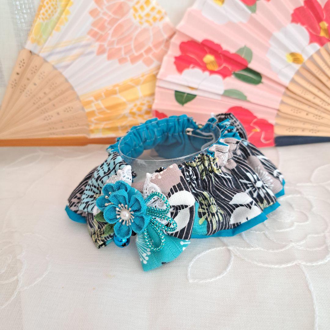 幅広シュシュ和風つまみ細工(黒×エメラルド)わんちゃん猫ちゃん用