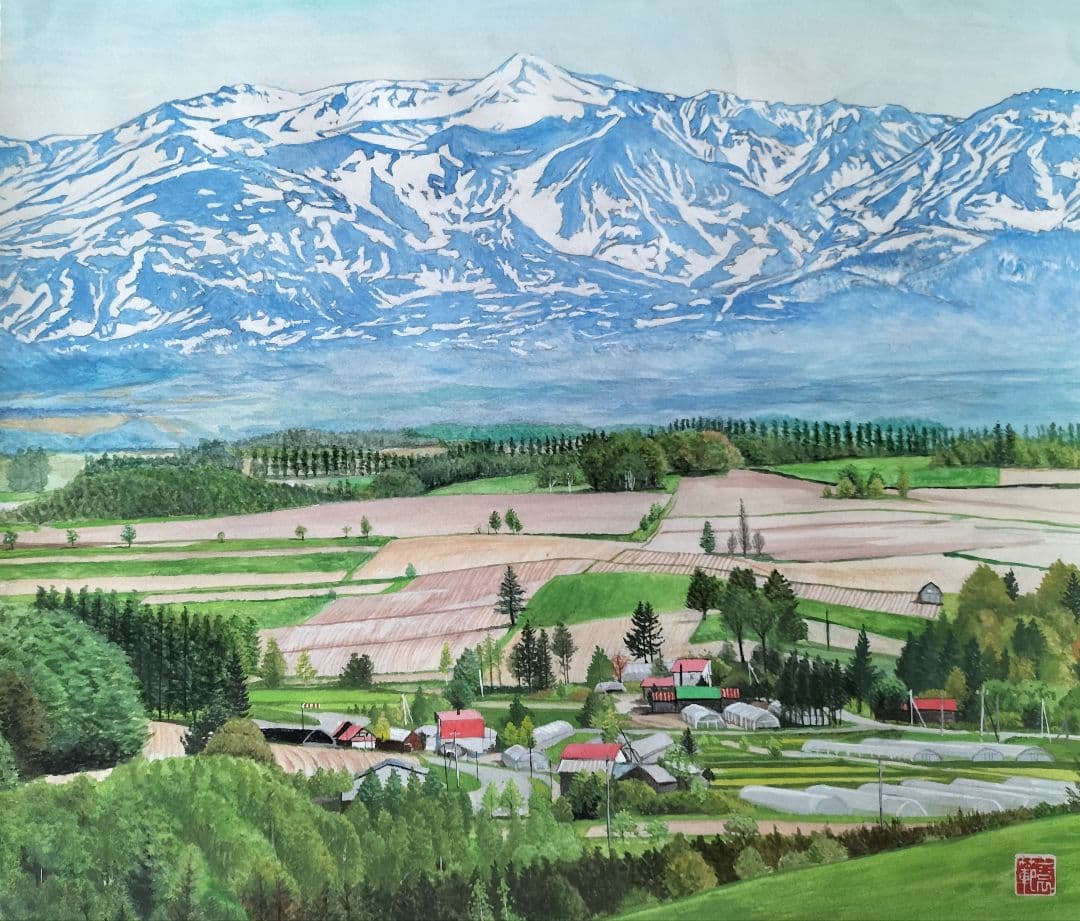 山の風景 水彩画　美馬牛
