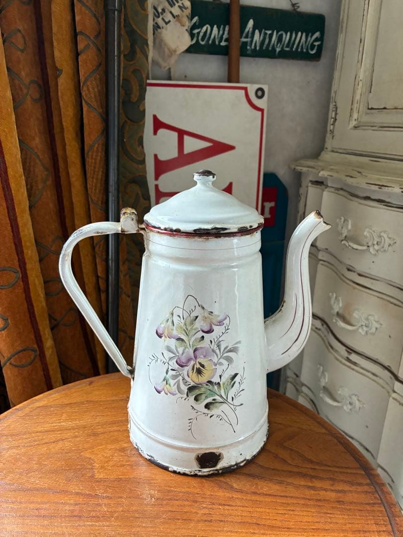 フランス　アンティーク　手描き　ホーロー　コーヒー　ポット　JAPY すみれ