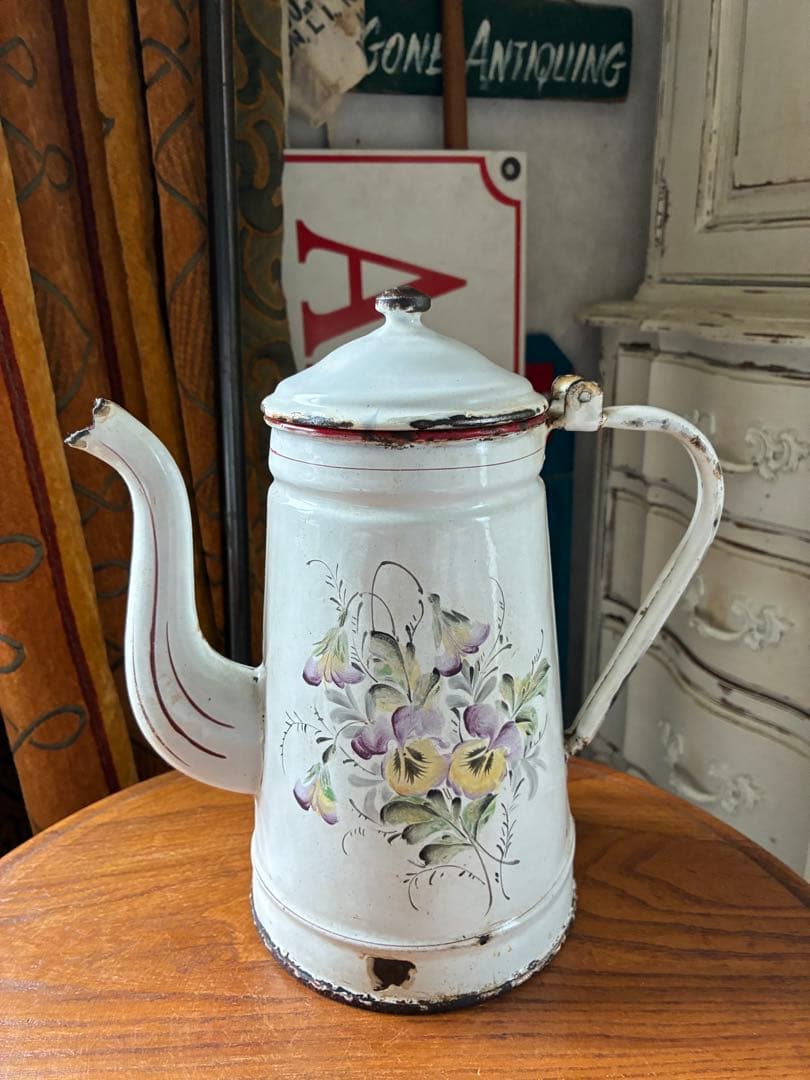 フランス　アンティーク　手描き　ホーロー　コーヒー　ポット　JAPY すみれ