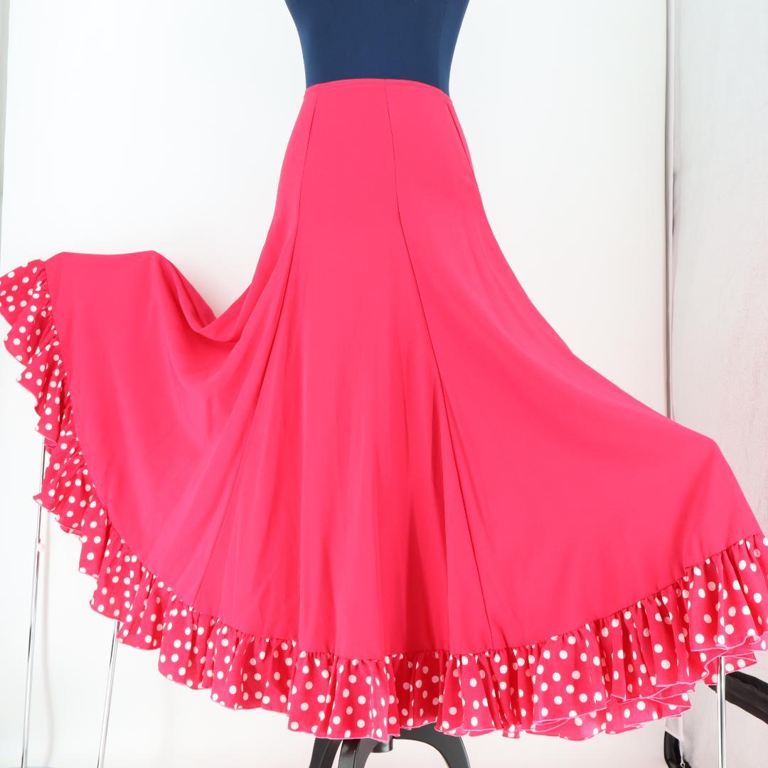 【美品 フラメンコ衣装】鮮やかピンク×水玉 ファルダ 大きく広がる裾 スカート