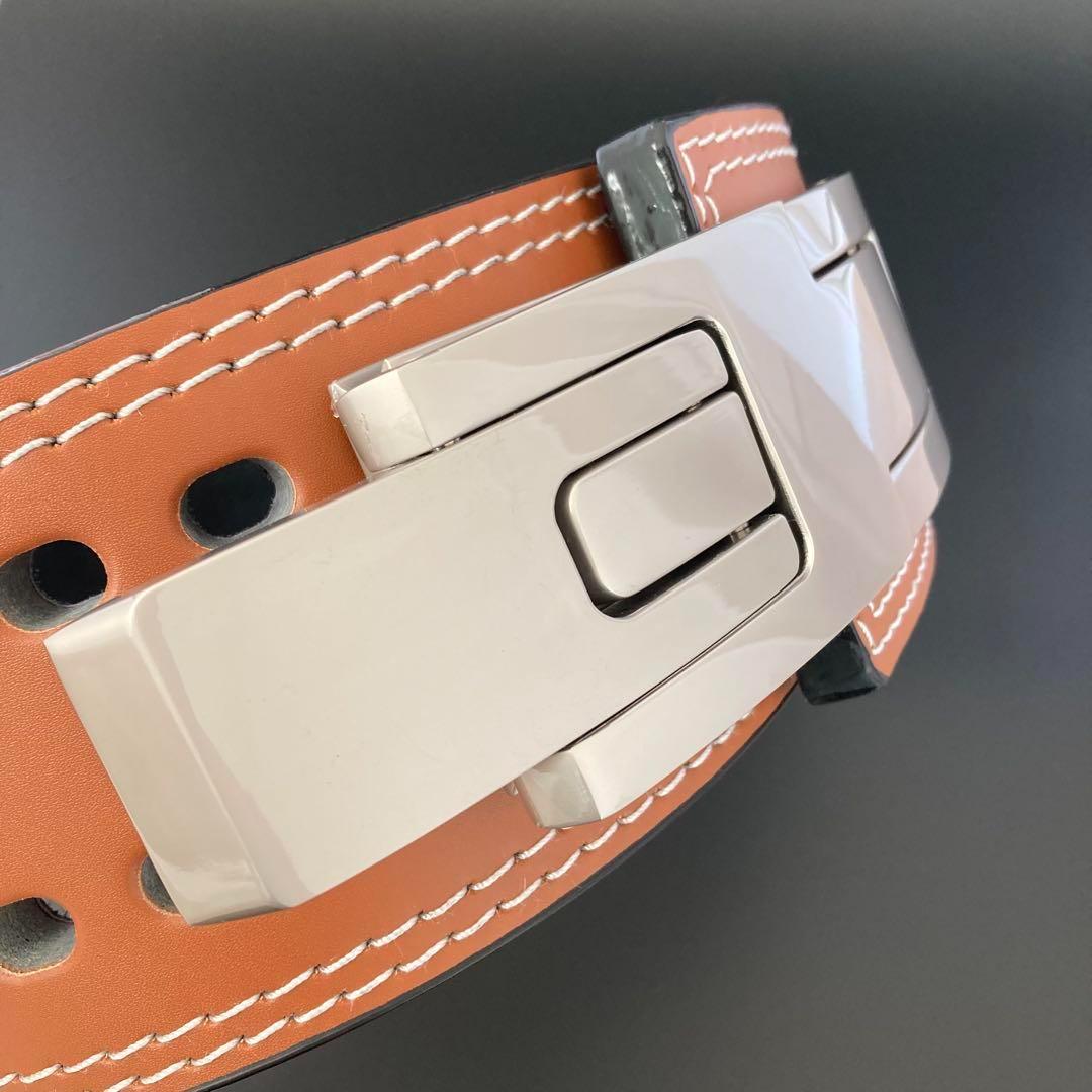 パワーリフティングベルト レバーアクション Mサイズ 本革 茶×マット銀 可変式