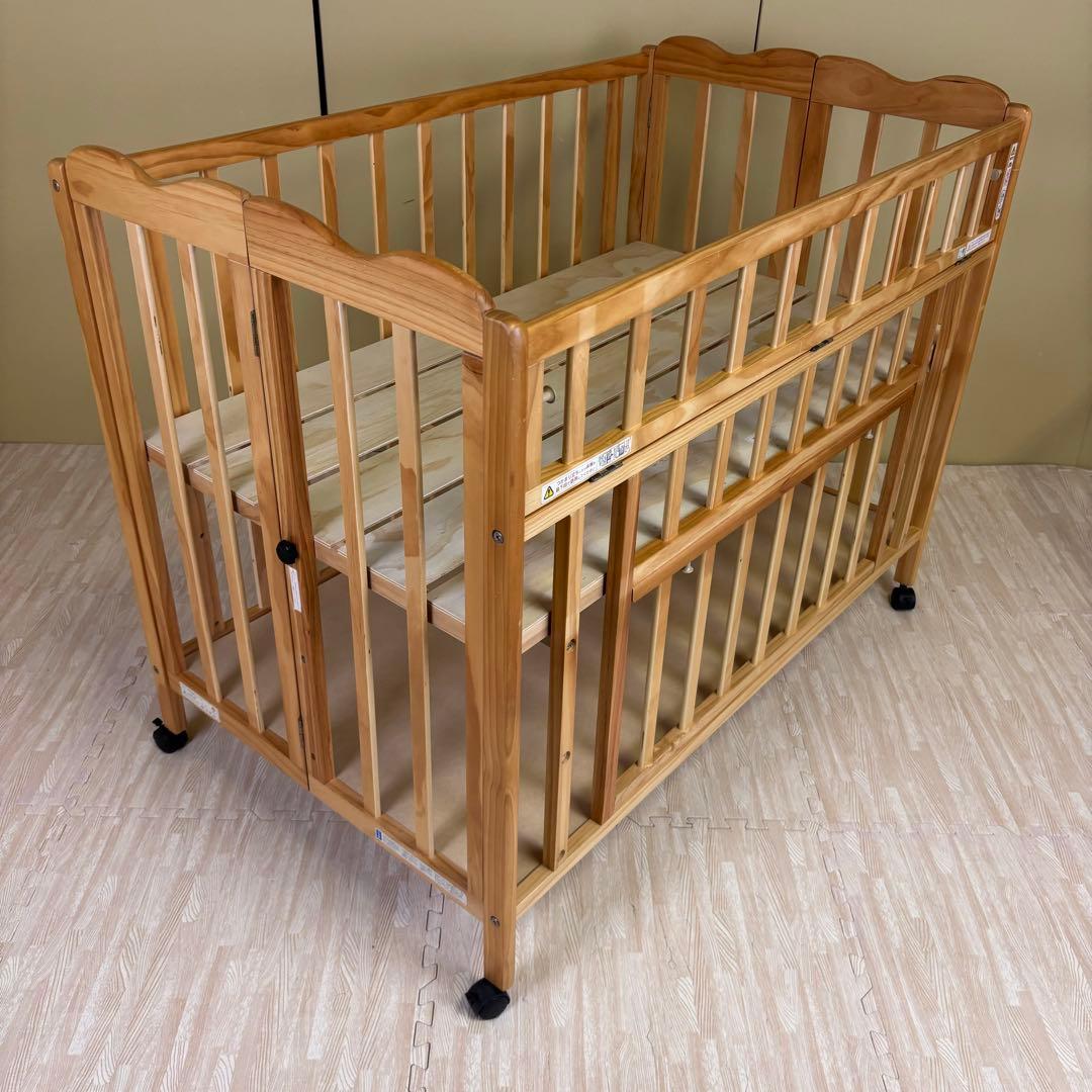 ☆除菌清掃済☆大和屋　折りたたみベビーベットFL　ナチュラル　すのこ　ハイタイプ