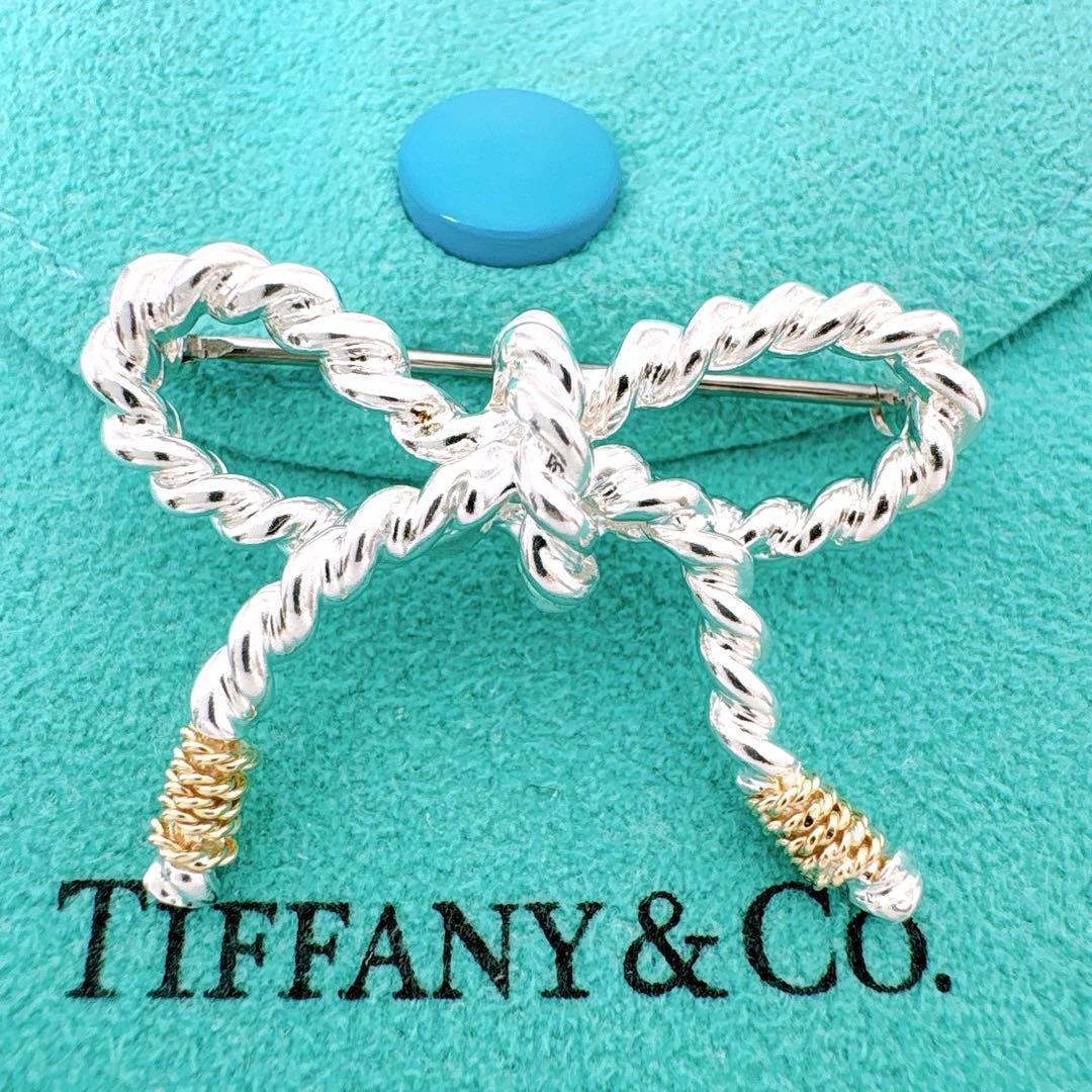 極美品 オールドティファニー ツイストリボン コンビ ブローチ シルバー k18
