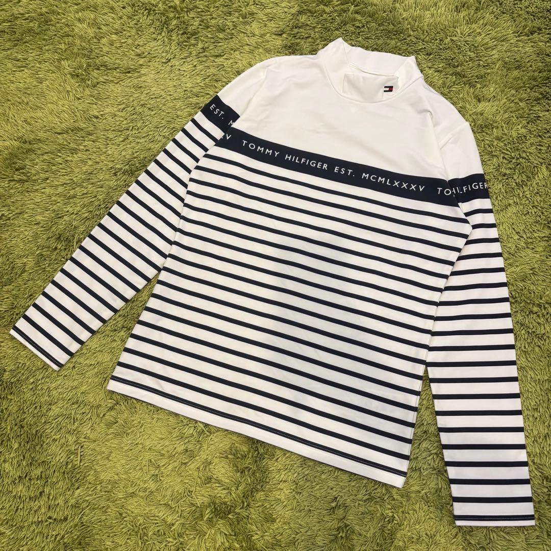 トミーヒルフィガーゴルフ モックネック 長袖シャツ ボーダー 裏微起毛 Lサイズ