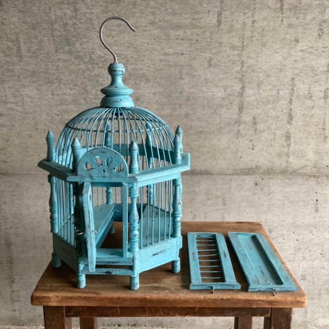鳥籠 バードゲージ カゴ 小鳥 置物 吊り下げ 水色 青 シャビー レトロ