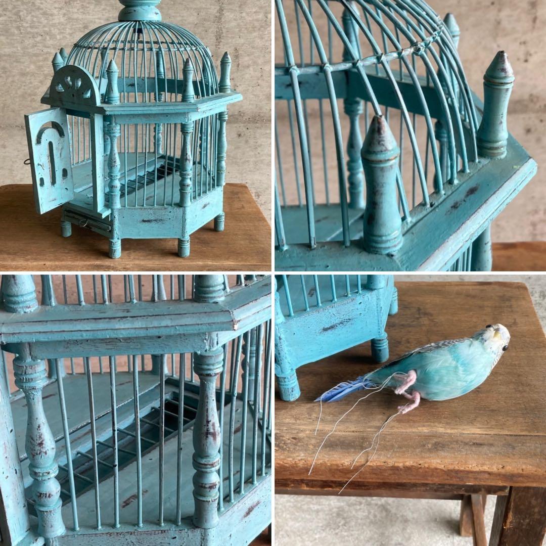 鳥籠 バードゲージ カゴ 小鳥 置物 吊り下げ 水色 青 シャビー レトロ