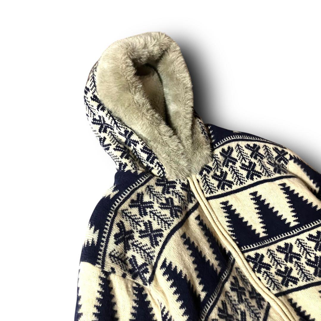 BLAIZE様☆ノルディック柄カウチンニットセーター総柄ファーフーディジップアッ