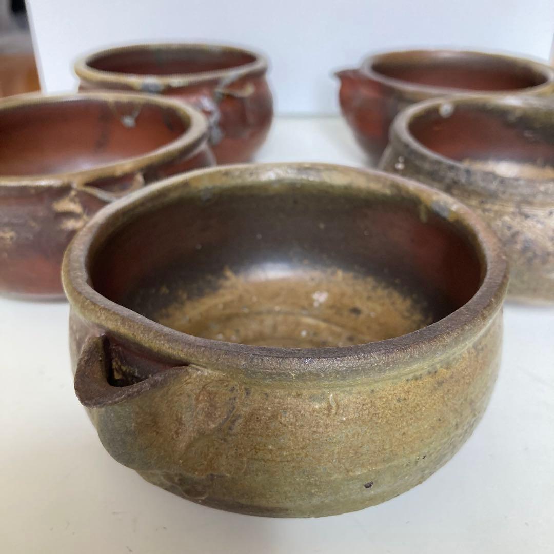 原田拾六　備前焼　向付　５客　共箱、陶歴、共布も５枚　抜群の上り