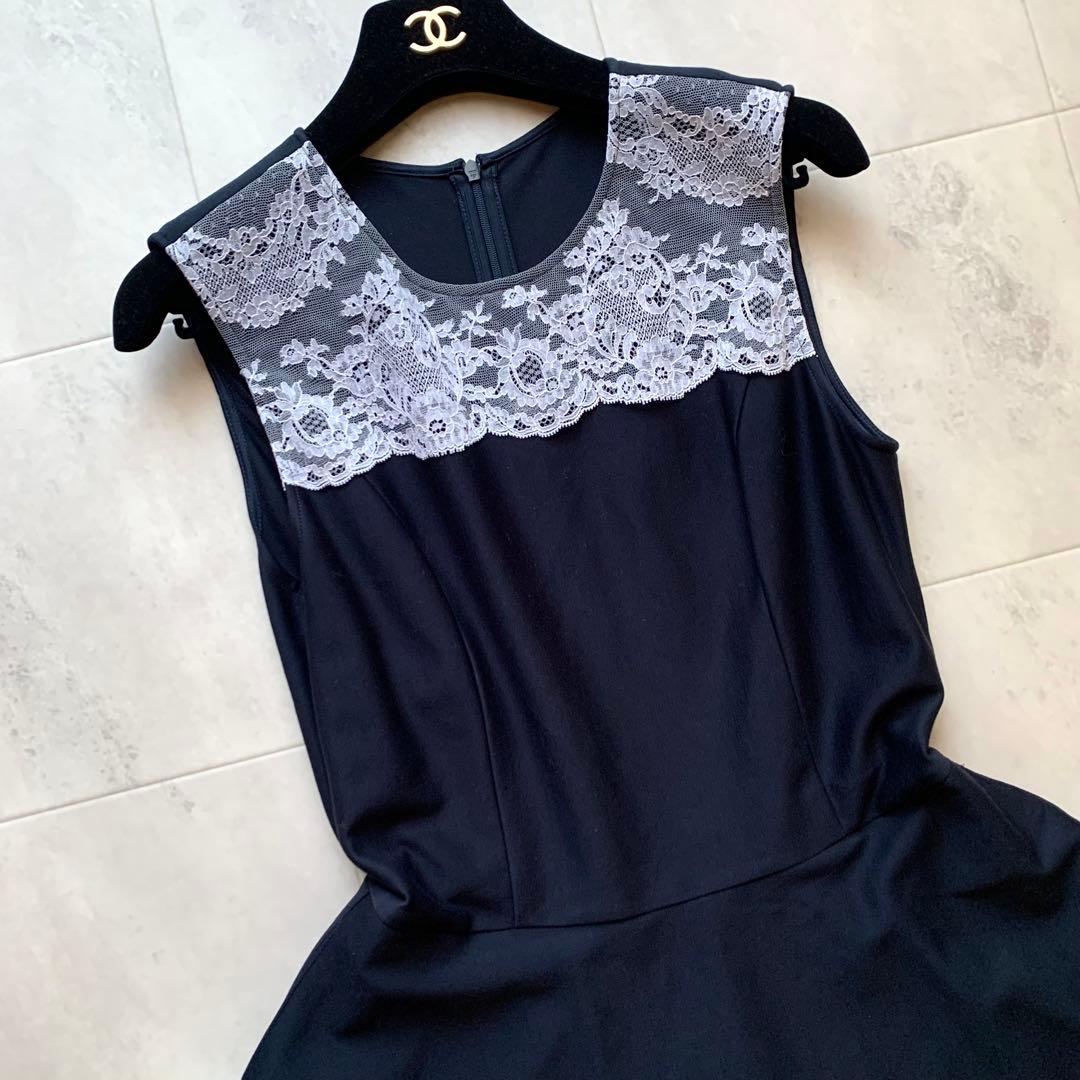 近年♡美品♡ルネ レース 切替 ノースリーブ ワンピース 膝丈 ネイビー 34