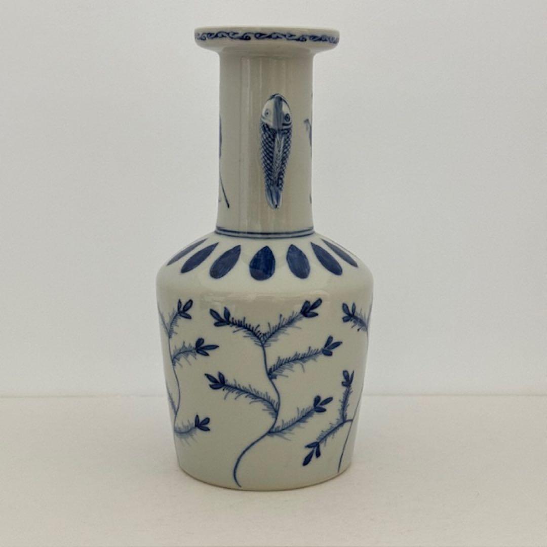 茶道具 九谷 晴山 染付高砂花入 鯉耳 共箱 茶道