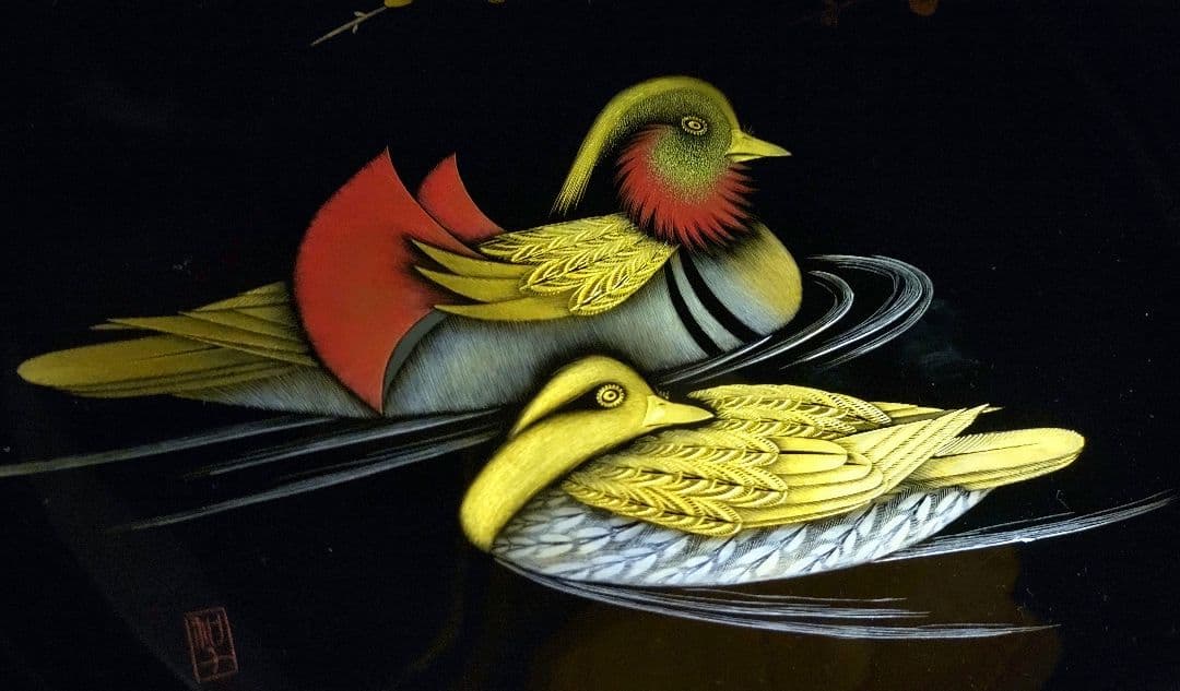 輪島塗 輪島漆器 谷内和子作 丸盆 おしどり 梅 沈金 金箔