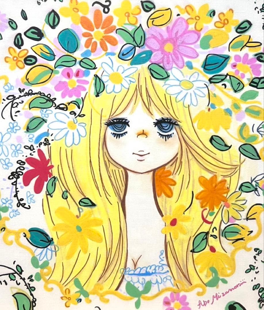 【F10】水森亜土（お花と女の子）肉筆品/表裏サイン有り/手描き/油絵/絵画