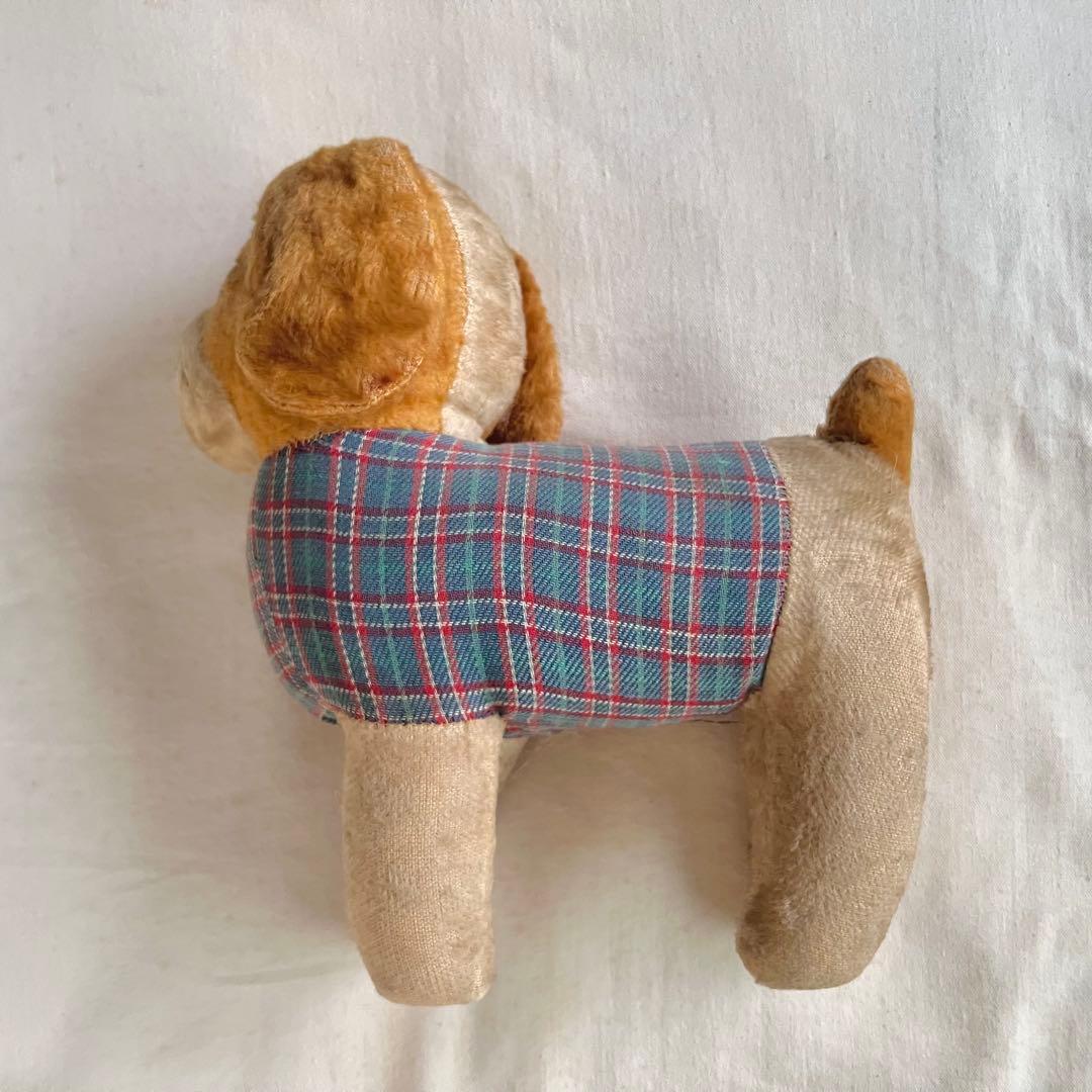 フランス　アンティーク　犬のぬいぐるみ　チェックの洋服　タレ耳