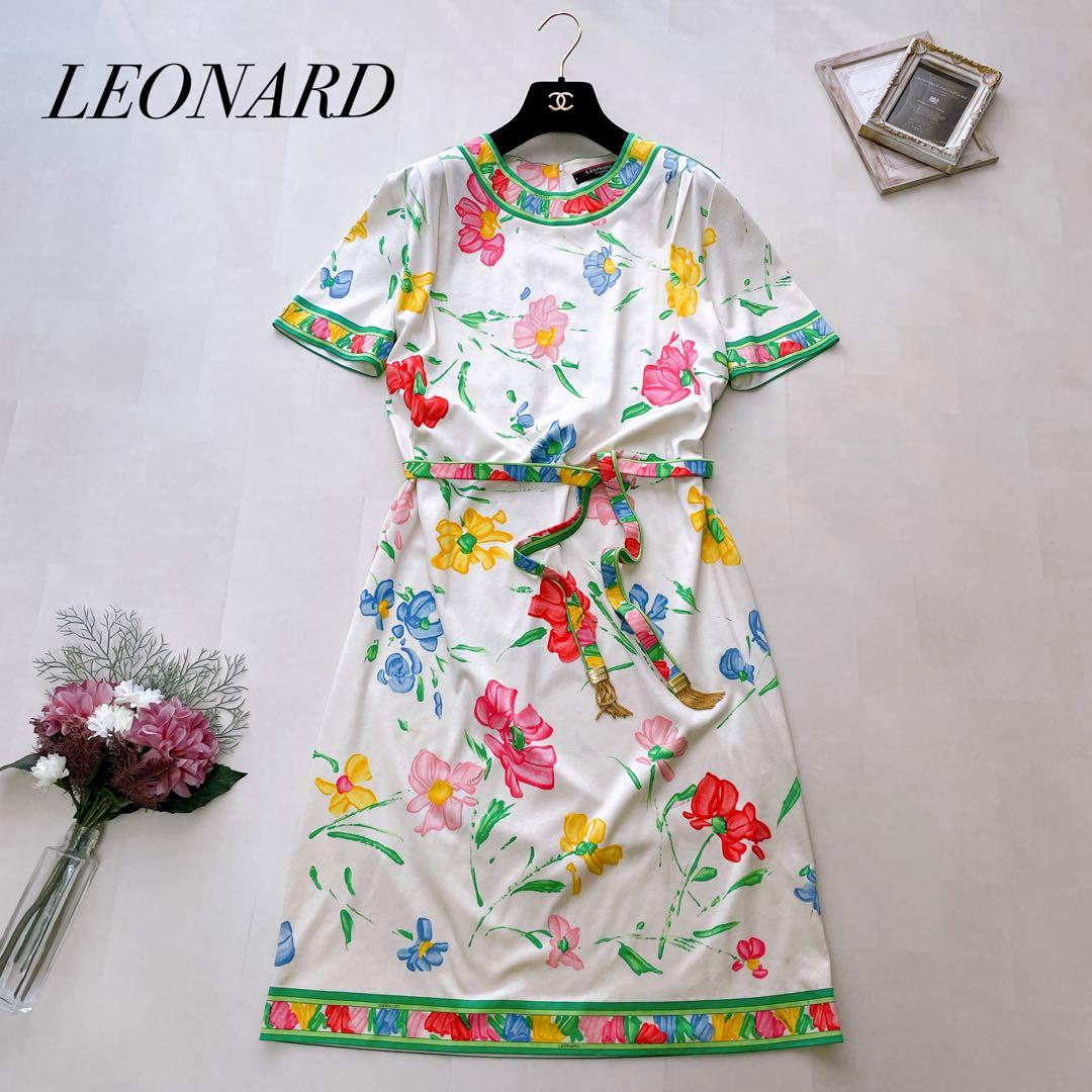 高級✨レオナール 花柄ワンピース トリム ベルト ゴールド金具 ロゴ刻印 L